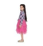 Girl's Polyster Crepe Lace Inserts Long Sleeves Dress (Pink-Blue)