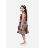 Girl's Polyester Crepe Floral Shoulder Straps Dress (Red)