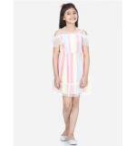 Girl's Polyester Self Design Cold Shoulder Dress (Multicolor)