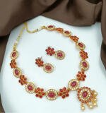 Women's Gold Plated Traditional Necklace and Earrings Set (Red, Free Size)