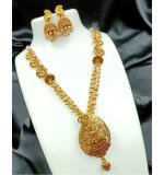 Women's Gold Plated Necklace and Earrings Set with Antique Finish (Red, Free Size)