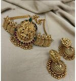 Women's Traditional Temple Necklace and Earrings Set in Gold (Multi Color, Free Size)