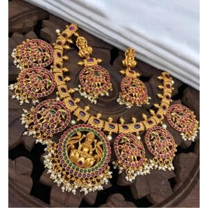 :- Women's Goddess Glamour Gold Plated Temple Necklace and Jhumka Set (Multi Color, Free Size)