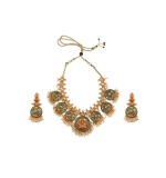 Women's Goddess Glamour Gold Plated Temple Necklace and Jhumka Set (Green, Free Size)