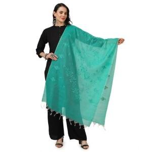 Women's Cotton Embroidered Dupatta (Turquoise, Length:  2.25 to 2.50 Mtr)