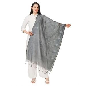 Women's Cotton Embroidered Dupatta (Grey, Length:  2.25 to 2.50 Mtr)