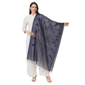 Women's Cotton Embroidered Dupatta (Dark Blue, Length:  2.25 to 2.50 Mtr)