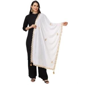 Women's Velvet Gotta Patti Dupatta (White, Length:  2.25 to 2.50 Mtr)