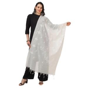 Women's Cotton Embroidered Dupatta (White, Length:  2.25 to 2.50 Mtr)