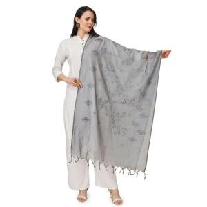 Women's Cotton Embroidered Dupatta (Grey, Length:  2.25 to 2.50 Mtr)