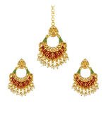 Women's Rose Gold Plated Alloy Kundan Earrings & Mangtikka (Red & Green)