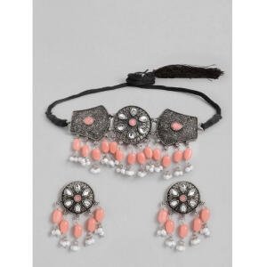 Women's Rose Gold Plated Alloy Necklace & Earings Set (Orange)