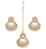 Women's Rose Gold Plated Alloy Kundan Earrings & Mangtikka (White)