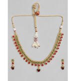Women's Rose Gold Plated Alloy Necklace & Earings Set (Green & Red)
