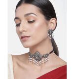 Women's Rose Gold Plated Alloy Necklace & Earings Set (Silver & White)