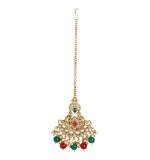 Women's Rose Gold Plated Alloy Kundan Earrings & Mangtikka (Red & Green)