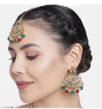 Women's Rose Gold Plated Alloy Kundan Earrings & Mangtikka (Red & Green)