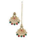 Women's Rose Gold Plated Alloy Kundan Earrings & Mangtikka (Red & Green)