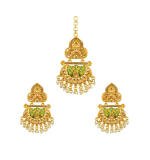 Women's Rose Gold Plated Alloy Kundan Earrings & Mangtikka (Green)