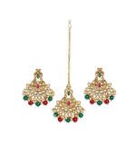 Women's Rose Gold Plated Alloy Kundan Earrings & Mangtikka (Red & Green)