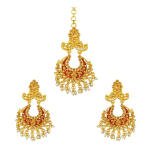 Women's Rose Gold Plated Alloy Kundan Earrings & Mangtikka (Maroon)