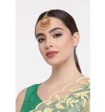 Women's Rose Gold Plated Alloy Kundan Earrings & Mangtikka (Red & Green)