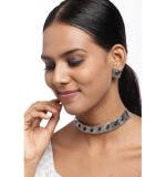 Women's Rose Gold Plated Alloy Necklace & Earings Set (Silver & Black)