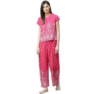 Women's Casual Short Sleeve Printed Rayon Pajama Set (Pink)