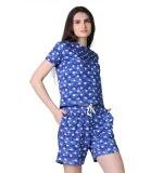 Women's Cotton Blended Printed Round Neck Half Sleeve Top - Shorts Set (Blue)