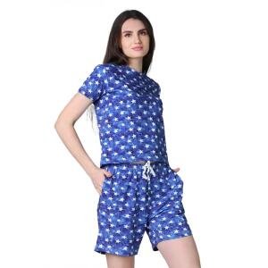 Women's Cotton Blended Printed Round Neck Half Sleeve Top - Shorts Set (Blue)