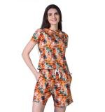 Women's Cotton Blended Printed Round Neck Half Sleeve Top - Shorts Set (Orange)