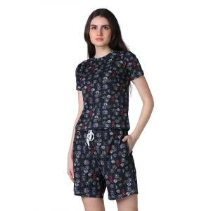 Women's Cotton Blended Printed Round Neck Half Sleeve Top - Shorts Set (Black)
