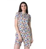 Women's Cotton Blended Printed Round Neck Half Sleeve Top - Shorts Set (Grey)