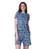 Women's Cotton Blended Printed Round Neck Half Sleeve Top - Shorts Set (White-Blue)