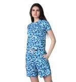 Women's Cotton Blended Printed Round Neck Half Sleeve Top - Shorts Set (SkyBlue)