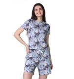 Women's Cotton Blended Printed Round Neck Half Sleeve Top - Shorts Set (Blue-Peach)