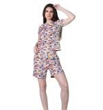 Women's Cotton Blended Printed Round Neck Half Sleeve Top - Shorts Set (Multicolor)