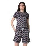 Women's Cotton Blended Printed Round Neck Half Sleeve Top - Shorts Set (Blue-Brown)