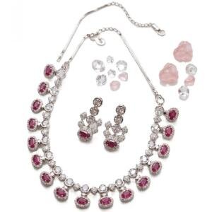 Women's Brass Silver Plated Necklace set (Pink)