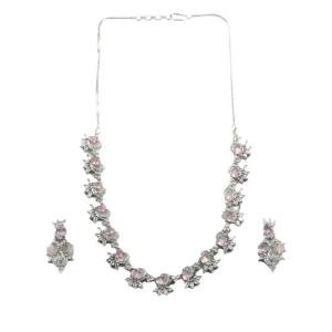 Women's Brass Silver Plated Necklace set (Pink)