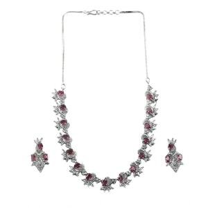Women's Brass Silver Plated Necklace set (Red)