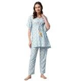Women's Rayon Floral Kaftan Sleeve Night Suit (Green - Blue)