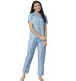 Women's Cotton Blend Printed Short Sleeve Night Suit (Blue)
