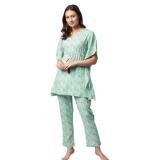 Women's Rayon Floral Kaftan Sleeve Night Suit (Green - Pink)