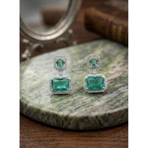 Women's Brass Silver Plated Drop Earrings (Green)