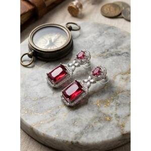 Women's Brass Silver Plated Drop Earrings (Red)