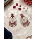 Women's Brass Silver Plated Chandbali Earrings (Red)