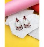 Women's Brass Silver Plated Chandbali Earrings (Red)
