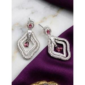 Women's Brass Silver Plated Drop Earrings (Red)