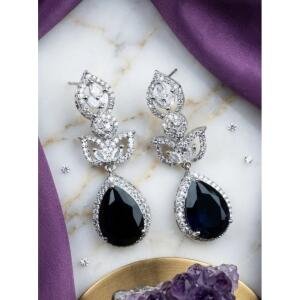 Women's Brass Silver Plated Drop Earrings (Blue)
